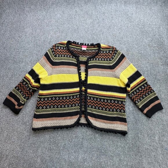 Together Cardigan Sweater Womens 16 Striped Knit Pompom Fringe Open Boho Tribal - Picture 1 of 11